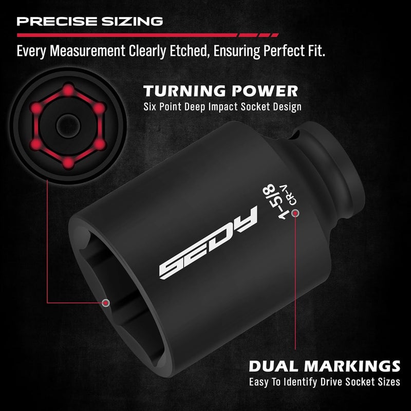 SEDY SAE Deep Impact Socket Set 8-Piece 1/2-inch Drive Wheel Axle Nut Wrench Large Sockets Standard Adapter 1-11/16 1-9/16 1-3/8 1-7/16 1-1/2 1-5/8 1-3/4 Imperial Spindle Joint Torque Bearing Locknut Truck - Image 4